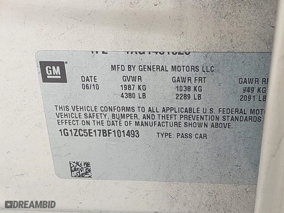 2011 Chevrolet Malibu LT w/1LT with VIN 1G1ZC5E17BF101493, listed as a IAAI auction lot 41508772 with 220,645 mi miles. Bid and sale history available at carsss.com. Image 9.