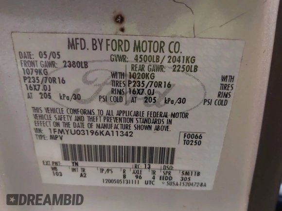 2006 Ford Escape XLT with VIN 1FMYU03196KA11342, listed as a IAAI auction lot 42237654 with 146,929 mi miles and . Bid and sale history available at DreamBid. Image 9.