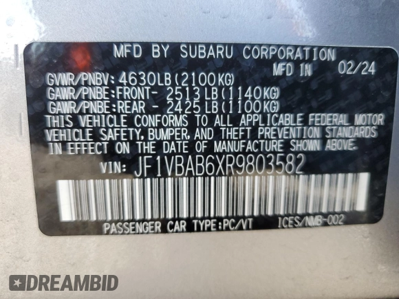 2024 Subaru WRX with VIN JF1VBAB6XR9803582, listed as a Copart auction lot 43557785 with 4,938 mi miles and Salvage Title. Bid and sale history available at carsss.com. Image 13.