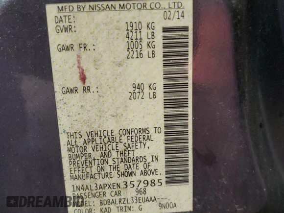 2014 Nissan Altima 2.5 with VIN 1N4AL3APXEN357985, listed as a Copart auction lot 47784955 with 71,951 mi miles and Clean Title. Bid and sale history available at DreamBid. Image 12.