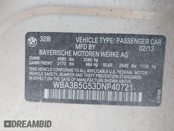 2013 BMW 3 Series 328i xDrive with VIN WBA3B5G53DNP40721, listed as a IAAI auction lot 42614545 with 102,570 mi miles and . Bid and sale history available at DreamBid. Image 9.