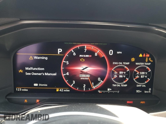 2024 Nissan Z Nismo с VIN JN1BZ4CH8RM363453, выставлен на аукционе Copart как лот 54131365 с пробегом 123 миль миль и Списание • Salvage title. История ставок и продаж доступна на DreamBid. Изображение 9.