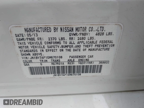 2014 Infiniti Q50 with VIN JN1BV7AP1EM670108, listed as a IAAI auction lot 42428330 with 260,478 mi miles and . Bid and sale history available at DreamBid. Image 9.