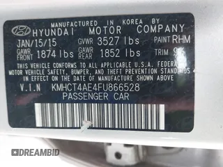 2015 Hyundai Accent GLS with VIN KMHCT4AE4FU866528, listed as a IAAI auction lot 42011261 with 186,368 mi miles and . Bid and sale history available at DreamBid. Image 9.