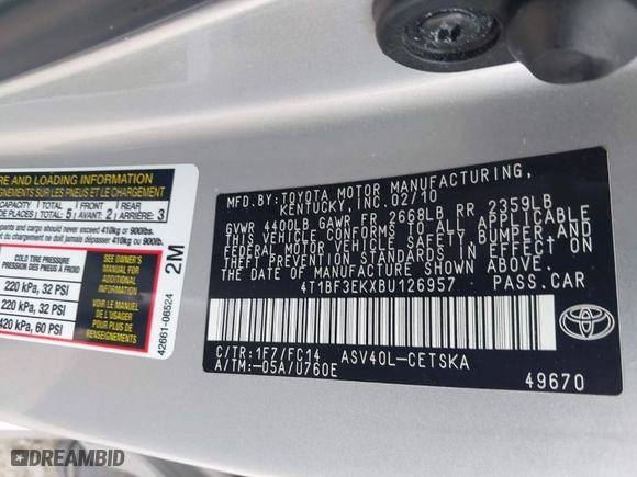 2011 Toyota Camry LE with VIN 4T1BF3EKXBU126957, listed as a IAAI auction lot 41991661 with 153,184 mi miles. Bid and sale history available at carsss.com. Image 9.