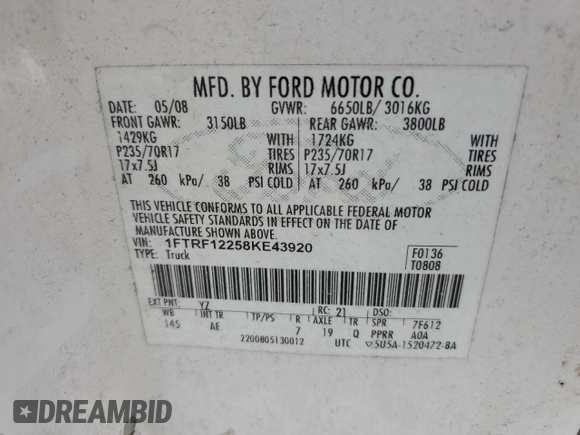 2008 Ford F-150 XL with VIN 1FTRF12258KE43920, listed as a Copart auction lot 46940245 with 152,446 mi miles and Salvage Title. Bid and sale history available at carsss.com. Image 12.