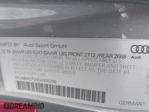 2019 Audi RS 5 Sportback z VIN WUABWCF54KA908298, wystawiony jako IAAI lot #41973097 z przebiegiem 84 666 mil mil oraz . Historia ofert i sprzedaży dostępna na DreamBid. Obrazek 9.