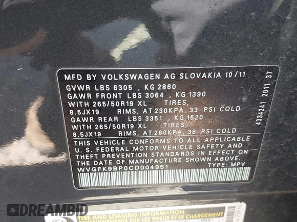 2012 Volkswagen Touareg Sport with VIN WVGFK9BP0CD004951, listed as a IAAI auction lot 42724125 with 173,993 mi miles and . Bid and sale history available at DreamBid. Image 9.