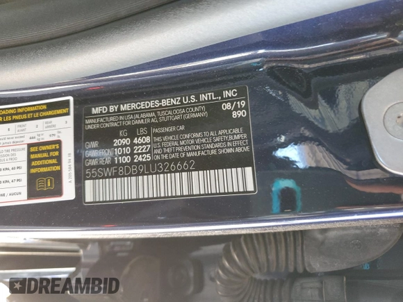 2020 Mercedes-Benz C with VIN 55SWF8DB9LU326662, listed as a Copart auction lot 52624405 with 39,162 mi miles and Salvage Title. Bid and sale history available at carsss.com. Image 12.