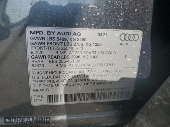 2021 Audi Q5 Sportback Premium Plus with VIN WA15AAFY7M2093321, listed as a Copart auction lot 52825995 with 46,179 mi miles and Clean title. Bid and sale history available at DreamBid. Image 13.