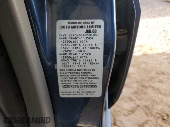 2003 Isuzu Rodeo with VIN 4S2CK58W634302035, listed as a Copart auction lot 78935334 with 133,514 mi miles and Salvage Title. Bid and sale history available at DreamBid. Image 15.
