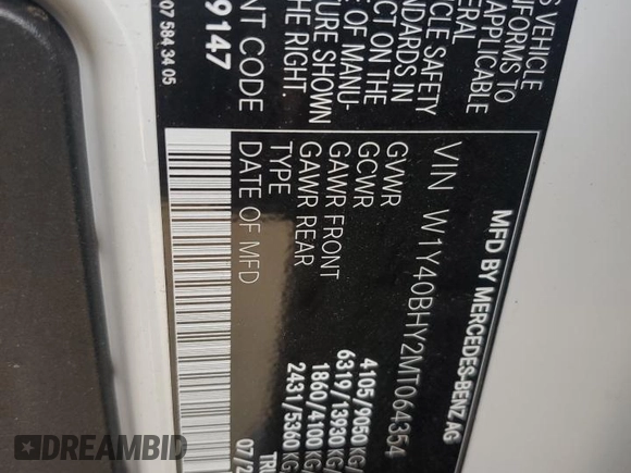 2021 Mercedes-Benz Sprinter Cargo Cargo with VIN W1Y40BHY2MT064354, listed as a Copart auction lot 59735044 with 55,248 mi miles and Salvage Title. Bid and sale history available at DreamBid. Image 13.