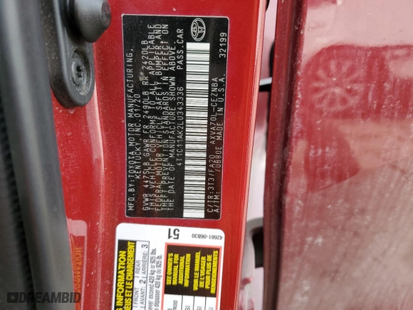 2020 Toyota Camry LE with VIN 4T1C11AK2LU343336, listed as a Copart auction lot 47529595 with 113,979 mi miles and Salvage Title. Bid and sale history available at carsss.com. Image 12.