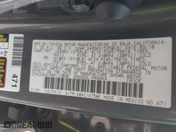 2011 Toyota Tacoma PreRunner with VIN 3TMJU4GN7BM113090, listed as a IAAI auction lot 41383707 with 132,497 mi miles and . Bid and sale history available at DreamBid. Image 9.