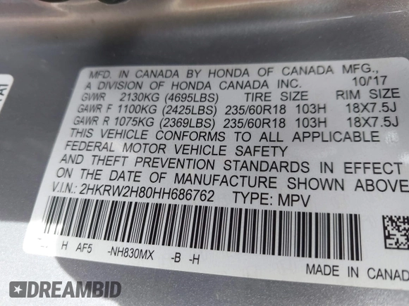 2017 Honda CR-V EX-L with VIN 2HKRW2H80HH686762, listed as a IAAI auction lot 41905053 with 74,230 mi miles. Bid and sale history available at carsss.com. Image 9.