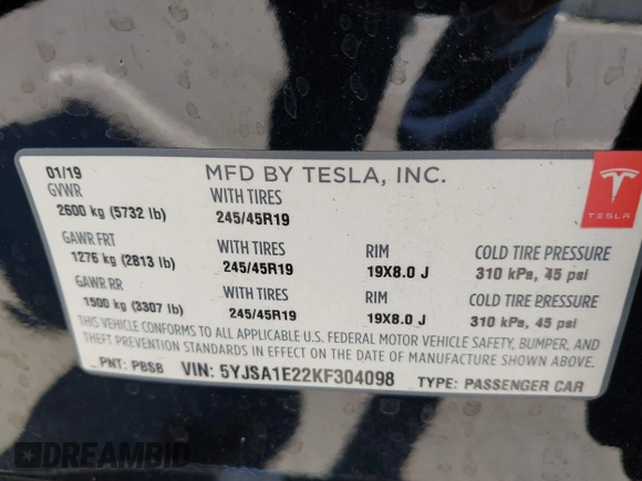 2019 Tesla Model S 75D с VIN 5YJSA1E22KF304098, выставлен на аукционе IAAI как лот 42293794 с пробегом 49 545 миль миль и . История ставок и продаж доступна на DreamBid. Изображение 9.