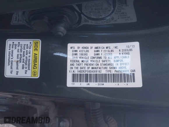 2014 Honda Accord Sedan Sport with VIN 1HGCR2F56EA069182, listed as a IAAI auction lot 40950233 with Not Provided miles. Bid and sale history available at carsss.com. Image 9.