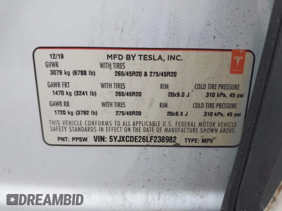 2020 Tesla Model X Long Range with VIN 5YJXCDE26LF238982, listed as a IAAI auction lot 42100220 with 44,804 mi miles. Bid and sale history available at carsss.com. Image 9.