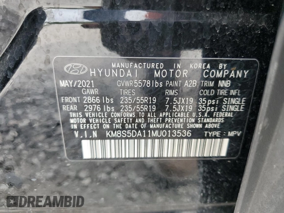 2021 Hyundai Santa Fe Hybrid Limited with VIN KM8S5DA11MU013536, listed as a Copart auction lot 47082334 with 48,746 mi miles and Clean Title. Bid and sale history available at carsss.com. Image 13.