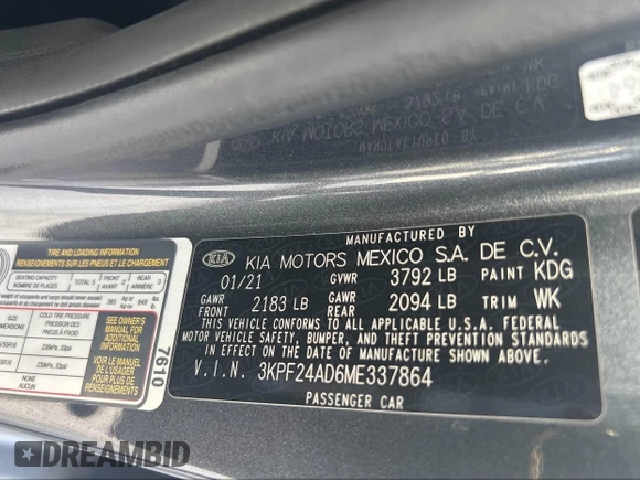 2021 Kia Forte LXS with VIN 3KPF24AD6ME337864, listed as a IAAI auction lot 42472943 with 81,961 mi miles and . Bid and sale history available at DreamBid. Image 9.
