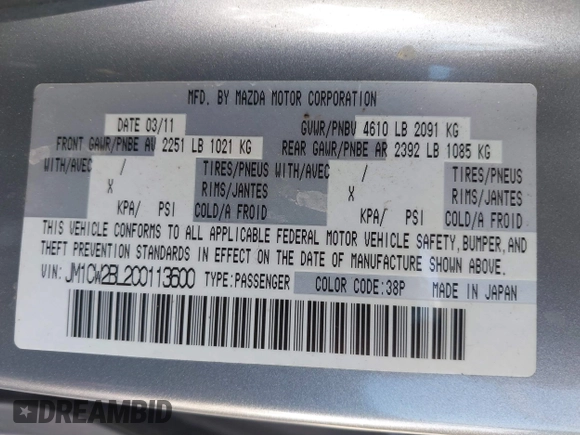 2012 Mazda 5 Sport with VIN JM1CW2BL2C0113600, listed as a IAAI auction lot 41374408 with 169,673 mi miles. Bid and sale history available at carsss.com. Image 9.