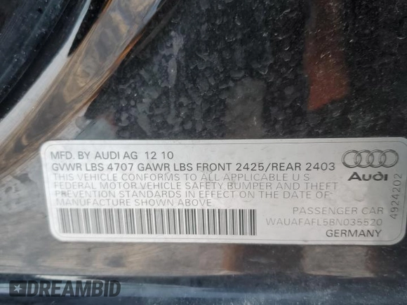 2011 Audi A4 Premium with VIN WAUAFAFL5BN035520, listed as a Copart auction lot 41488225 with 70,180 mi miles and Non repairable. Bid and sale history available at DreamBid. Image 13.