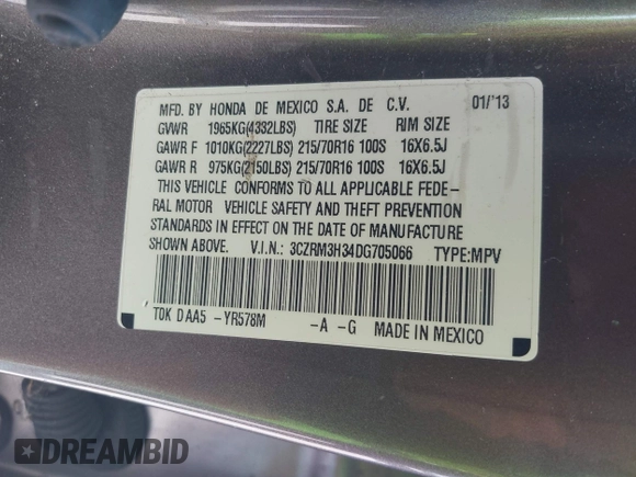 2013 Honda CR-V LX with VIN 3CZRM3H34DG705066, listed as a IAAI auction lot 42661478 with 318,027 mi miles and . Bid and sale history available at DreamBid. Image 9.