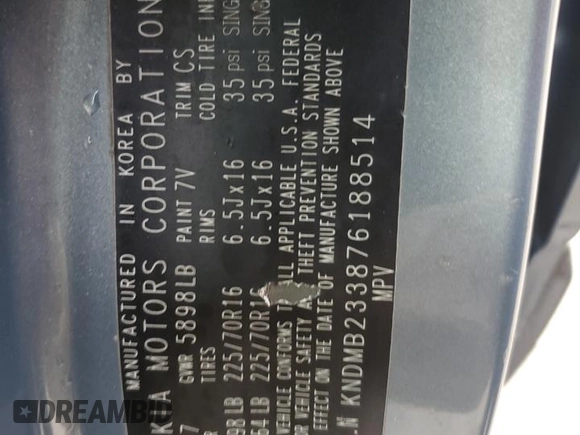 2007 Kia Sedona EX with VIN KNDMB233876188514, listed as a Copart auction lot 47544355 with 236,761 mi miles and Salvage Title. Bid and sale history available at DreamBid. Image 13.