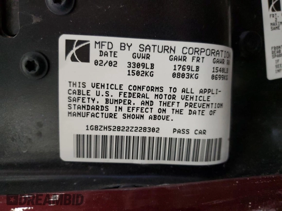 2002 Saturn SL with VIN 1G8ZH52822Z228302, listed as a Copart auction lot 58043985 with 153,058 mi miles and Salvage title. Bid and sale history available at DreamBid. Image 12.
