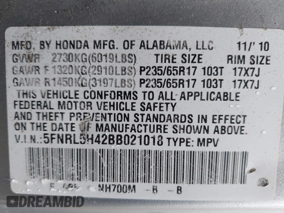 2011 Honda Odyssey EX with VIN 5FNRL5H42BB021018, listed as a IAAI auction lot 42044513 with 189,493 mi miles and . Bid and sale history available at carsss.com. Image 9.