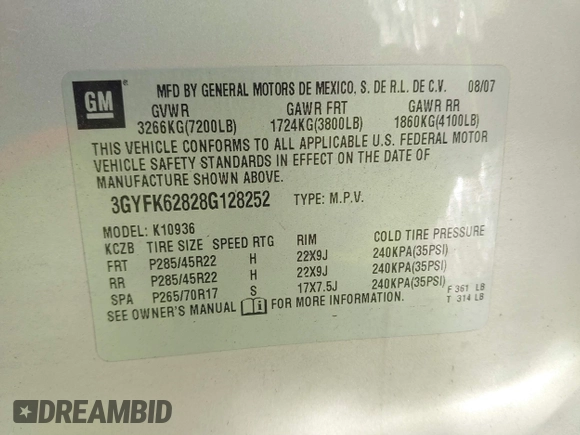2008 Cadillac Escalade EXT z VIN 3GYFK62828G128252, wystawiony jako IAAI lot #41409193 z przebiegiem 151 328 mil mil oraz . Historia ofert i sprzedaży dostępna na DreamBid. Obrazek 9.