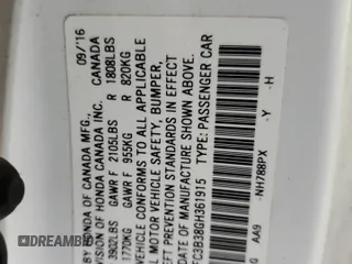 2016 Honda Civic EX-T with VIN 2HGFC3B38GH361915, listed as a Copart auction lot 86342194 with Not provided miles and Salvage title. Bid and sale history available at DreamBid. Image 13.