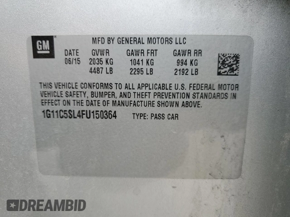 2015 Chevrolet Malibu LT with VIN 1G11C5SL4FU150364, listed as a Copart auction lot 53334655 with 149,281 mi miles and Salvage Title. Bid and sale history available at DreamBid. Image 12.