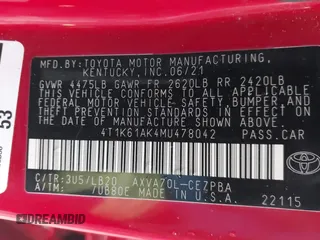 2021 Toyota Camry XSE z VIN 4T1K61AK4MU478042, wystawiony jako IAAI lot #41526408 z przebiegiem 106 937 mil mil oraz . Historia ofert i sprzedaży dostępna na DreamBid. Obrazek 9.