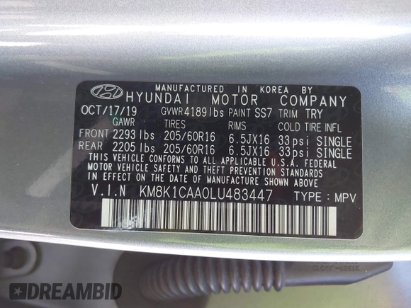 2020 Hyundai Kona SE with VIN KM8K1CAA0LU483447, listed as a IAAI auction lot 41866272 with 89,708 mi miles and . Bid and sale history available at carsss.com. Image 9.