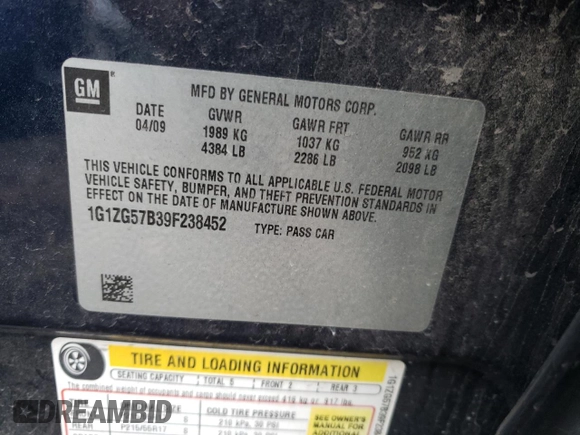 2009 Chevrolet Malibu 1LS with VIN 1G1ZG57B39F238452, listed as a Copart auction lot 82978644 with 163,516 mi miles and Salvage Title. Bid and sale history available at DreamBid. Image 12.