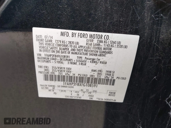2015 Ford Taurus Limited с VIN 1FAHP2F8XFG108591, выставлен на аукционе IAAI как лот 42291895 с пробегом 215 401 миль миль и . История ставок и продаж доступна на DreamBid. Изображение 9.