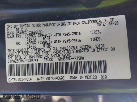 2020 Toyota Tacoma SR5 with VIN 3TMAZ5CN6LM139744, listed as a IAAI auction lot 41690662 with 68,053 mi miles and . Bid and sale history available at DreamBid. Image 9.