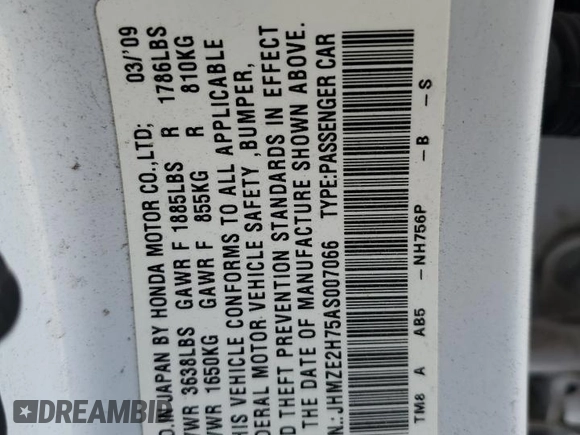 2010 Honda Insight EX z VIN JHMZE2H75AS007066, wystawiony jako Copart lot #54910995 z przebiegiem 107 658 mil mil oraz Szkoda całkowita • Salvage title. Historia ofert i sprzedaży dostępna na DreamBid. Obrazek 12.