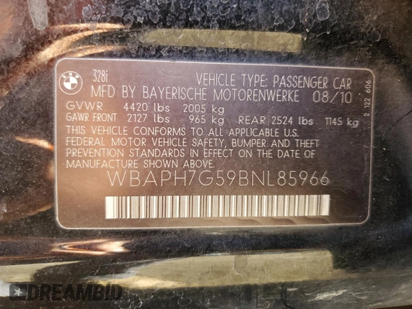 2011 BMW 3 Series 328i z VIN WBAPH7G59BNL85966, wystawiony jako Copart lot #49182085 z przebiegiem 140 626 mil mil oraz Szkoda całkowita • Salvage title. Historia ofert i sprzedaży dostępna na DreamBid. Obrazek 12.