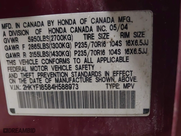 2004 Honda Pilot EX with VIN 2HKYF18584H588973, listed as a IAAI auction lot 41800129 with 221,498 mi miles. Bid and sale history available at carsss.com. Image 9.