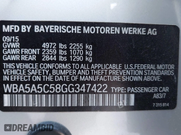 2016 BMW 5 Series 528i with VIN WBA5A5C58GG347422, listed as a IAAI auction lot 41116626 with 134,945 mi miles. Bid and sale history available at carsss.com. Image 9.