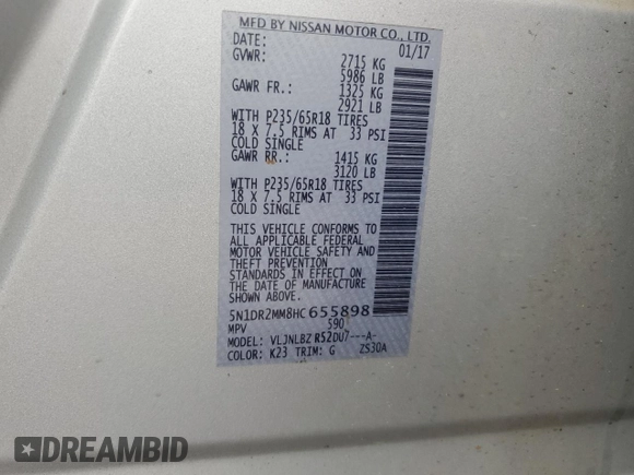 2017 Nissan Pathfinder SL with VIN 5N1DR2MM8HC655898, listed as a Copart auction lot 55143635 with 101,838 mi miles and Clean title. Bid and sale history available at DreamBid. Image 12.