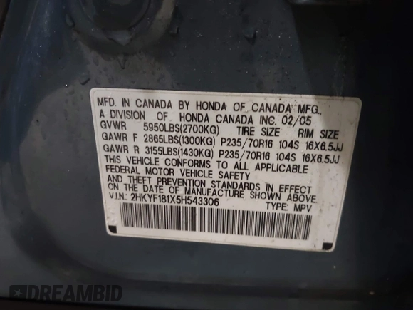 2005 Honda Pilot LX с VIN 2HKYF181X5H543306, выставлен на аукционе IAAI как лот 41764461 с пробегом 187 921 миль миль и . История ставок и продаж доступна на DreamBid. Изображение 9.