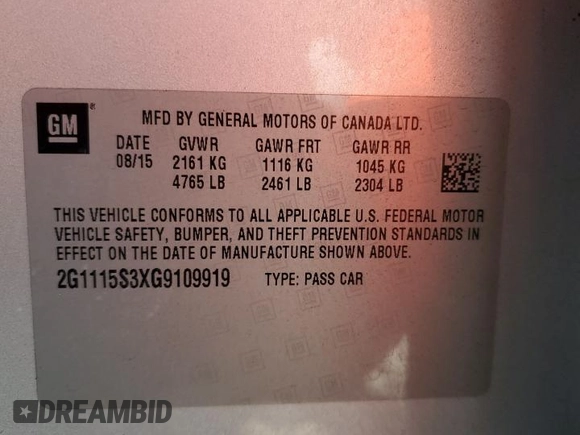 2016 Chevrolet Impala LT with VIN 2G1115S3XG9109919, listed as a Copart auction lot 49623515 with 130,329 mi miles and Salvage Title. Bid and sale history available at DreamBid. Image 12.