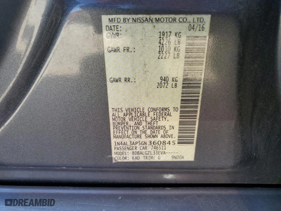 2016 Nissan Altima 2.5 SR with VIN 1N4AL3AP5GN360845, listed as a Copart auction lot 53666605 with 217,852 mi miles and Salvage Title. Bid and sale history available at carsss.com. Image 12.