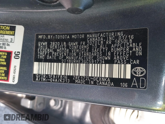 2016 Toyota Corolla L with VIN 2T1BURHE3GC591734, listed as a IAAI auction lot 42474537 with 77,225 mi miles and . Bid and sale history available at DreamBid. Image 9.