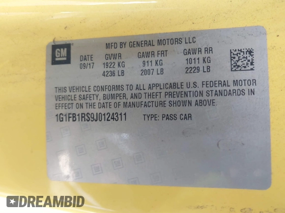 2018 Chevrolet Camaro 1LT z VIN 1G1FB1RS9J0124311, wystawiony jako IAAI lot #41399583 z przebiegiem Nie podano mil oraz . Historia ofert i sprzedaży dostępna na DreamBid. Obrazek 9.