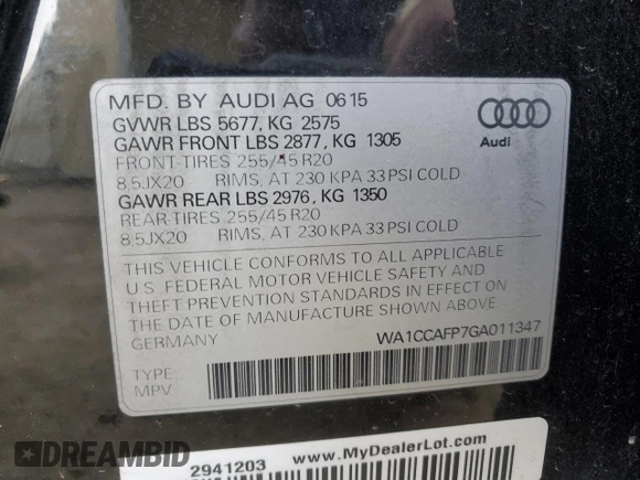 2016 Audi SQ5 Premium Plus with VIN WA1CCAFP7GA011347, listed as a Copart auction lot 69698884 with 0 mi miles and Salvage Title. Bid and sale history available at carsss.com. Image 16.