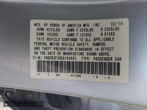 2014 Honda Accord LX z VIN 1HGCR2F39EA164642, wystawiony jako IAAI lot #41749040 z przebiegiem 188 958 mil mil oraz . Historia ofert i sprzedaży dostępna na DreamBid. Obrazek 9.